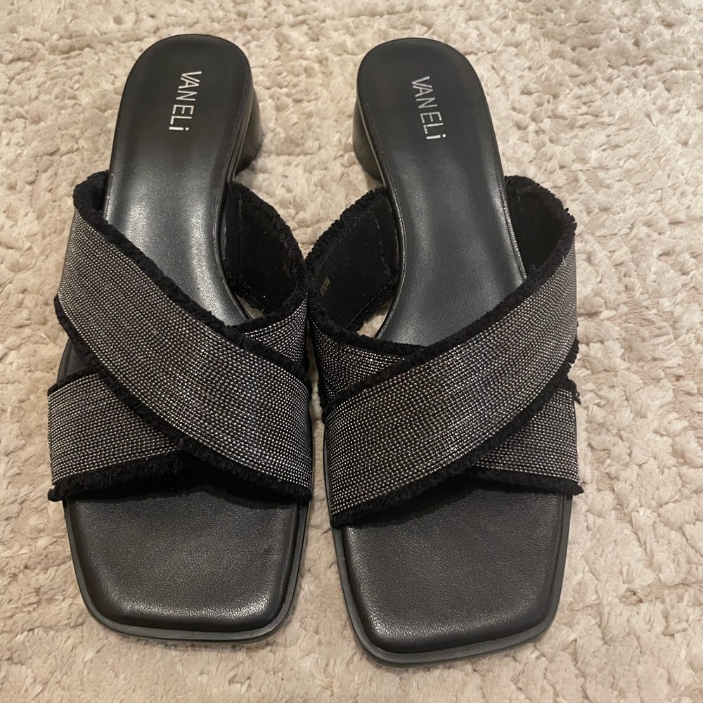Vaneli Women's Black and Silver Crisscross Sandals